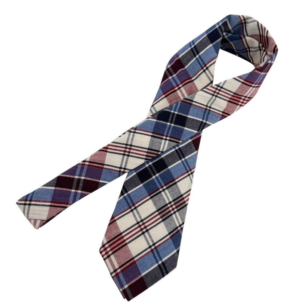 Hickey Freeman Mens‎ Plaid Cotton Necktie Blue Burgundy White Made in USA Tie